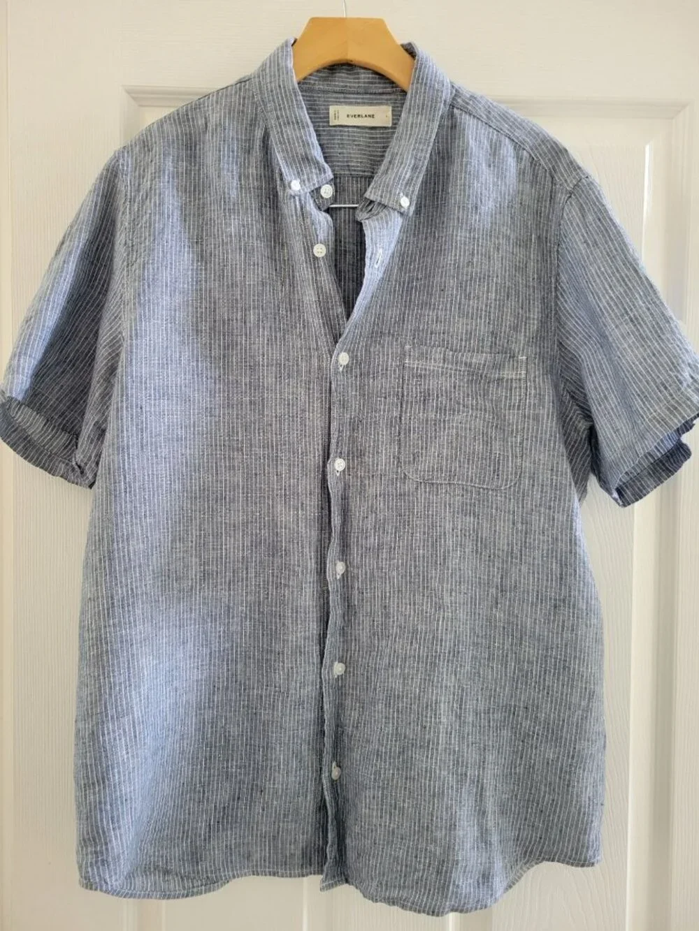 Everlane Mens Blue Striped Linen Short Sleeve Button-Down Shirt Large Casual